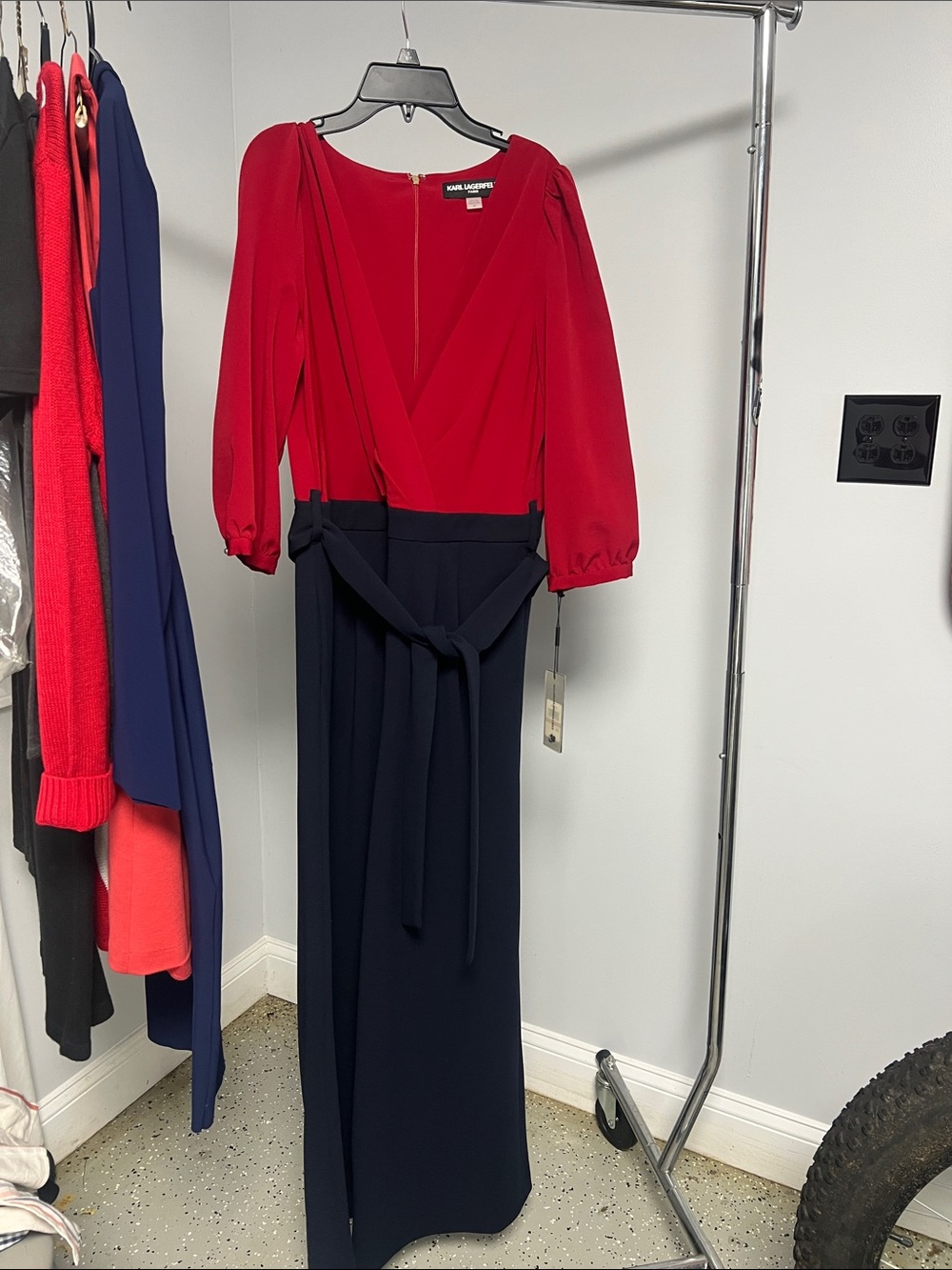 Karl Lagerfeld Red Wrap Bodice Navy Maxi Jumpsuit